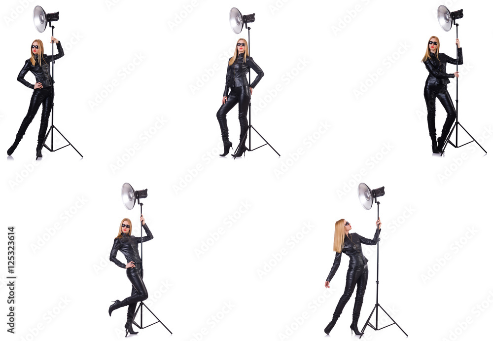 Collage of woman during photo shoot isolated on white Collage of woman during photo shoot isolated on white