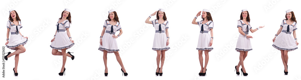 Collage of woman sailor isolated on white Collage of woman sailor isolated on white