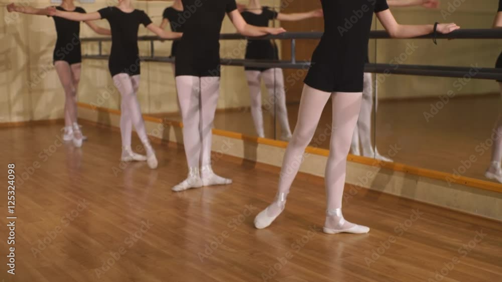 Young ballet dancers stands near the ballet barre at the ballet hall