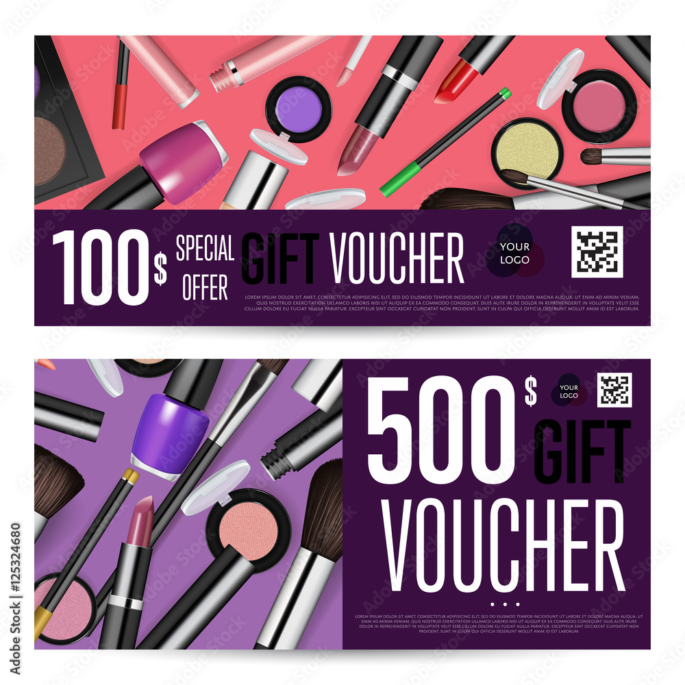 Cosmetics gift voucher template. Gift coupon with fashion makeup  accessories and prepaid sum. Makeup brush, powder, lipstick, pencil, polish  vectors. Special exclusive offer for cosmetics product sale Stock Vector |  Adobe Stock