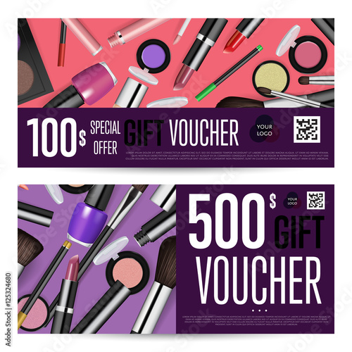 Cosmetics gift voucher template. Gift coupon with fashion makeup accessories and prepaid sum. Makeup brush, powder, lipstick, pencil, polish vectors. Special exclusive offer for cosmetics product sale
