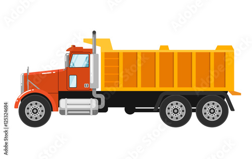 Big yellow tipper truck isolated on white background vector illustration. Modern dump truck side view. Vehicle for cargo transportation. Design element for your projects. Construction machinery