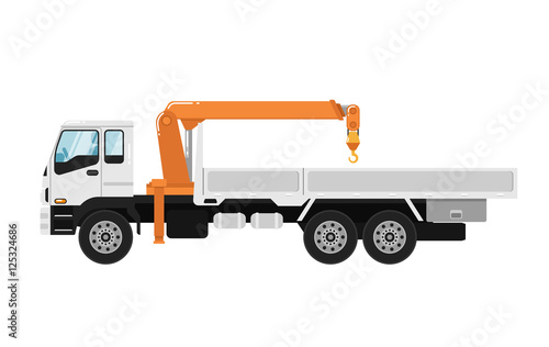 Commercial truck mounted crane isolated on white background vector illustration. Modern mobile hydraulic crane side view. Vehicle for cargo transportation service. Design element for your projects