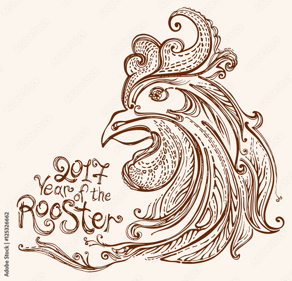 Hand drawn Rooster. Year of the Rooster. 2017.Illustration head cock. Hand drawn Rooster. Year of the Rooster. 2017.Illustration head cock.