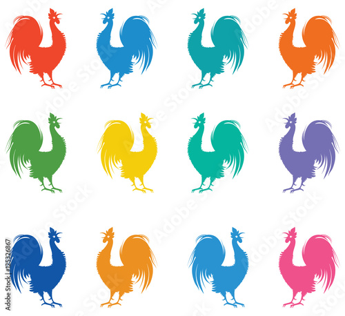 Multicolored rooster silhouettes.