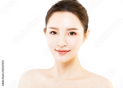 closeup young woman face isolated on white