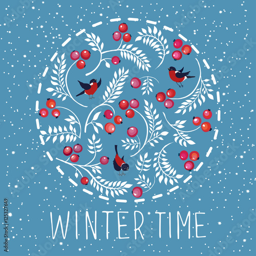 Bullfinches, berries and curved branches.