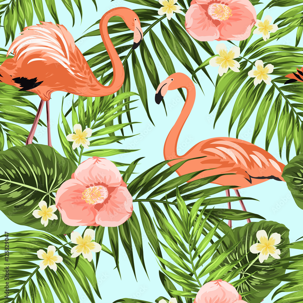 Naklejka premium Flamingo birds tropical rainforest jungle pattern