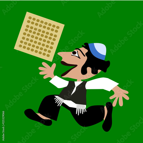 Little black-haired boy in blue yarmulke runs, holding a rectangular unleavened bread. Simple stylized flat illustration isolated on green background.