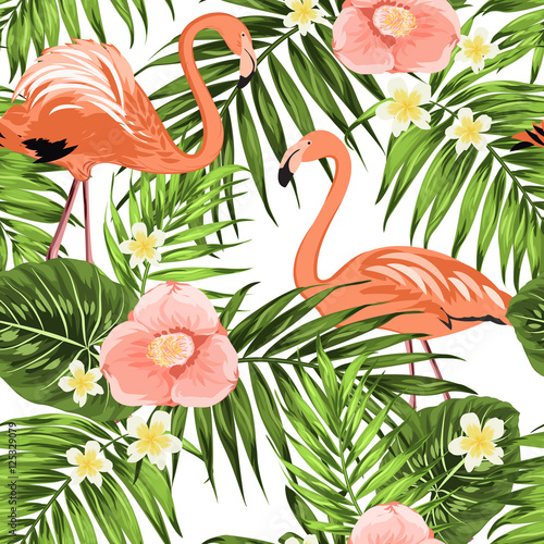 Plumeria camellia flowers palm leaves flamingos