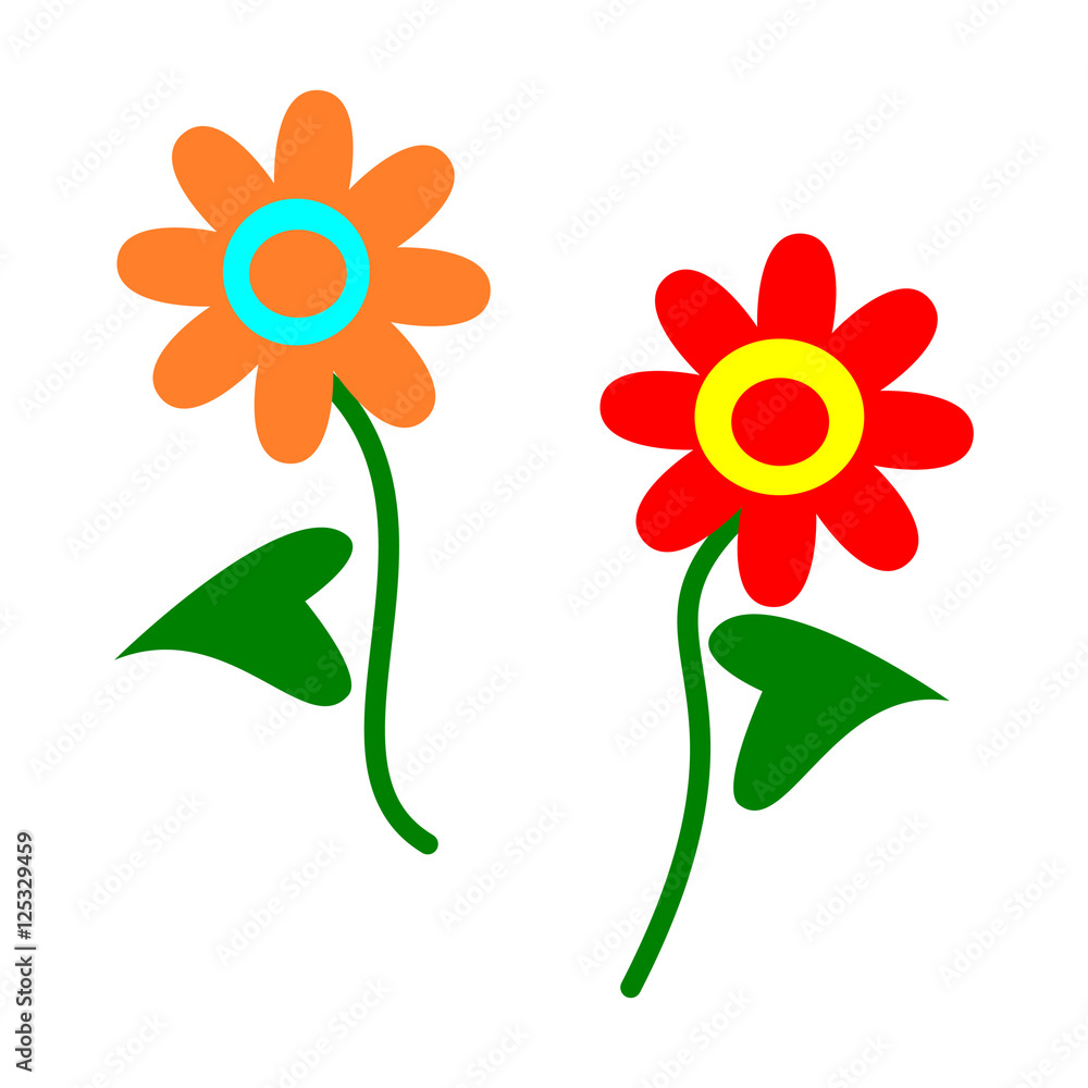 Simple stylized cartoon flowers orange blue and red yellow green isolated on white - icon, banner or design element Simple stylized cartoon flowers orange blue and red yellow green isolated on white - icon, banner or design element