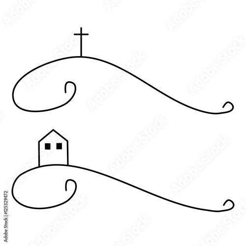 Cross on a hill and house on terrain wave - a simple curved linear vector drawing
