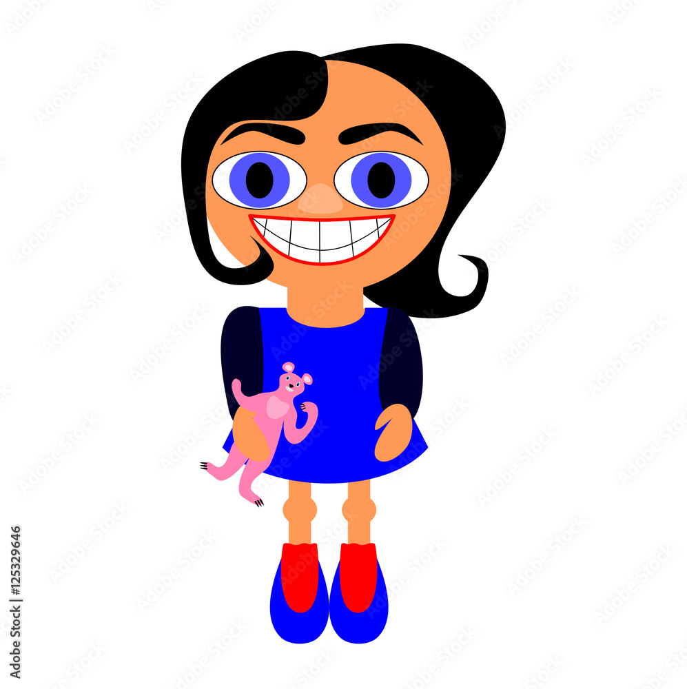 Small black haired blue eyed smiling girl with little pink bear. Small black haired blue eyed smiling girl with little pink bear.