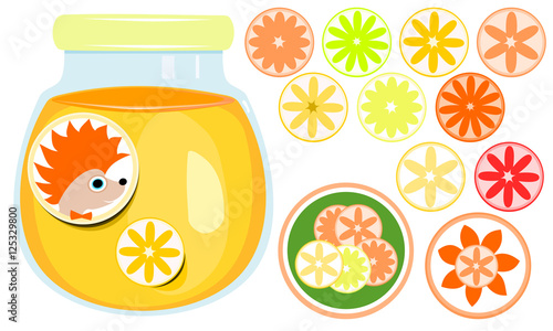 Closed glass with orange marmalade, marking labels hedgehog and orange. A set of round stickers with different kinds of citrus.