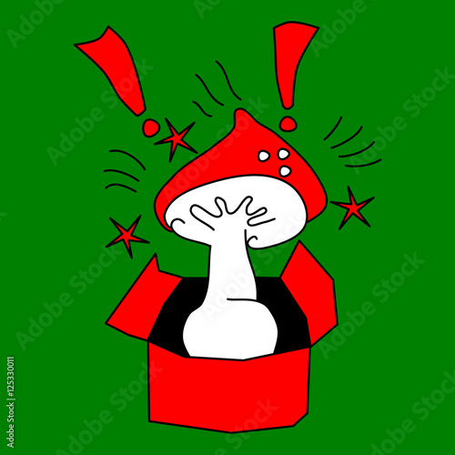 Red and white mushroom with a black outline in an open cardboard box on a green background. Exclamation points and stars. Shock, shock, surprise - unexpected or inappropriate gift or consignment.