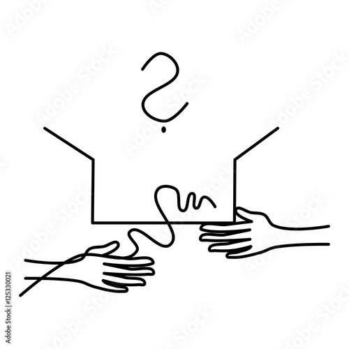One hand holds the open box and the other hand removes string (ribbon). Above the box question mark. Simple stylized vector drawing.
