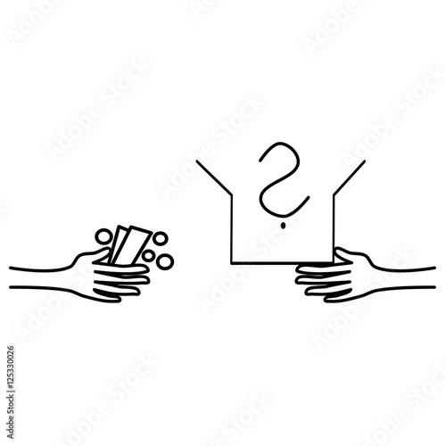 Hand holding a pack of money and a hand holding an open box of unknown content - a symbolic expression of paying for an unknown, poor or fraudulent goods. Business icon. Crime icon. Simple vector.