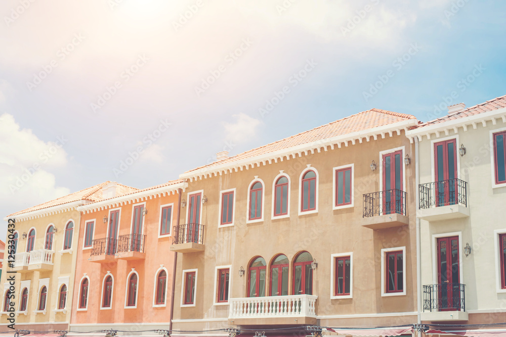 Fototapeta premium European style tenement houses and blue sky.