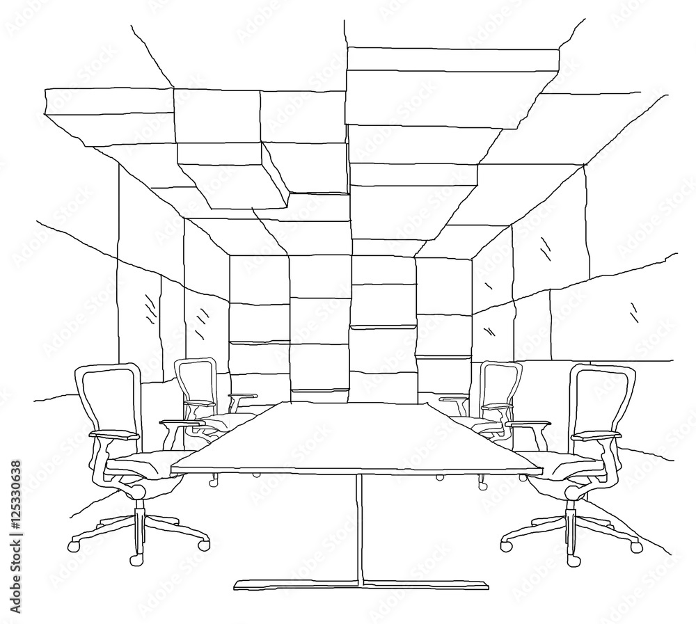 Outline sketch drawing and paint of a interior space, office,Meeting Room