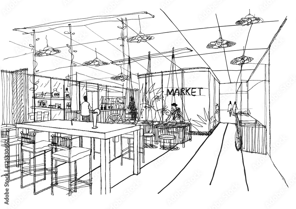 Outline sketch drawing and paint of a interior space, office,canteen