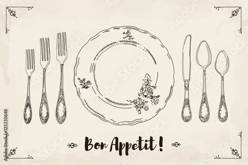 Hand drawn illustration of curly ornamental silver tableware, plate a beige watercolor background and texture. Table setting set. Hand drawn design element. Sketch, vintage. Vector Illustration