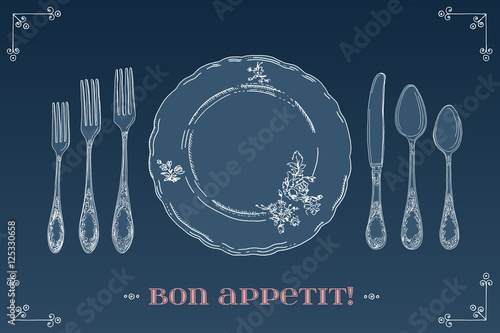 Hand drawn illustration of curly ornamental silver tableware, plate a blue background. Table setting set. Hand drawn design element. Sketch, vintage. Vector Illustration