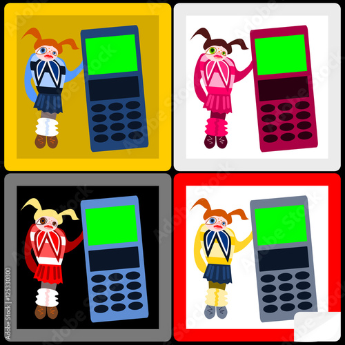 Red hair (blonde, brunette) girl in short pleated skirt with big cellular phone - stickers