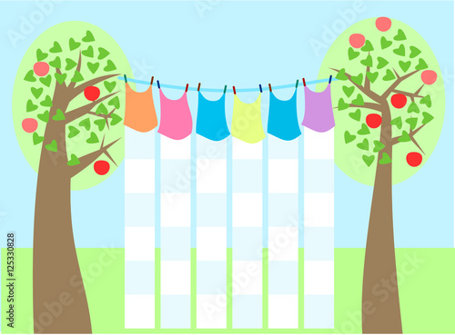 School timetable styled like laundry drying on a clothesline among the trees on which they are ripened apples. Without text. Simple stylized flat graphic.