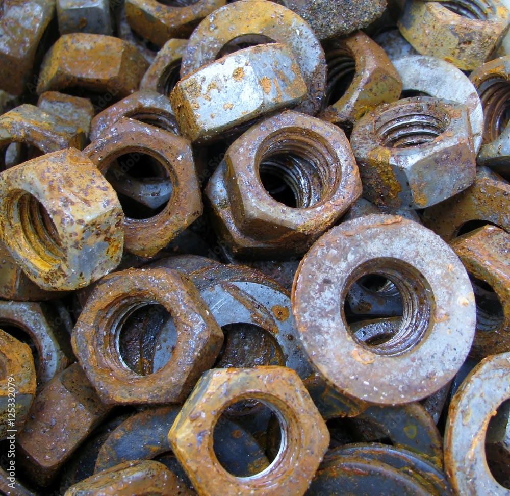 Metal hex nut and washers closeup