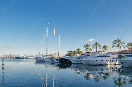 Large yacht harbor in purple sunset light, luxury summer cruise, sailboats in sunrise, leisure time, active life, vacation and holidays concept Yachts and their reflection in the city's port