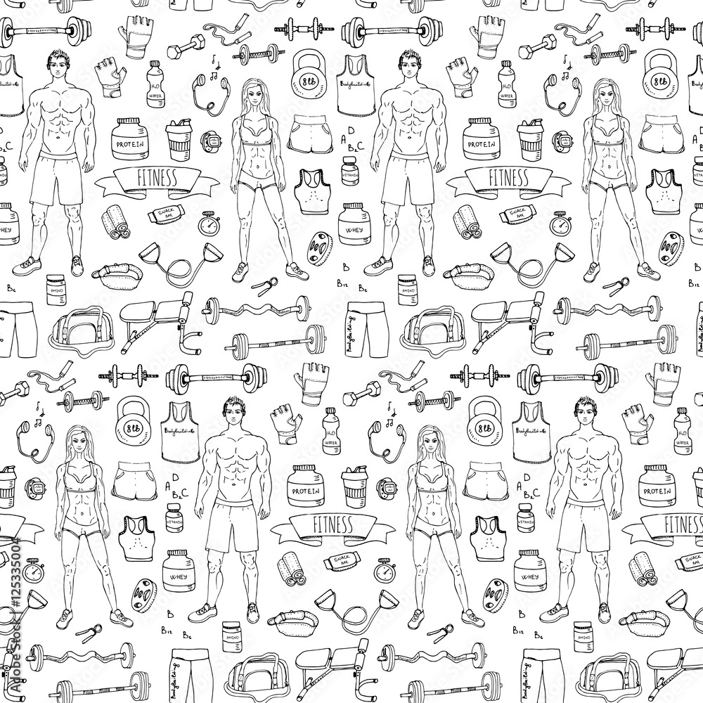 Seamless pattern hand drawn doodle fitness icons set. Vector