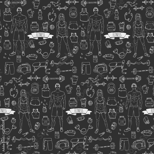 Seamless pattern hand drawn doodle fitness icons set. Vector illustration. Sport symbol collection. Cartoon bodybuilding various sketch elements: gym, sportsmen, barbell, dumbbell, vitamin, protein