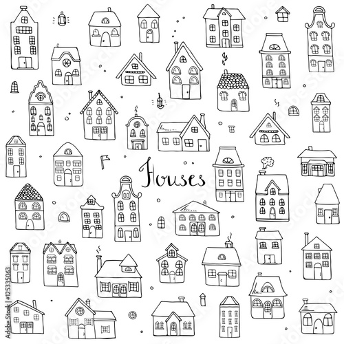 Hand drawn doodle street homes icons set. Vector illustration. Cottage symbol collection. Cartoon village buildings various sketch architectural elements: residential houses, housing, property