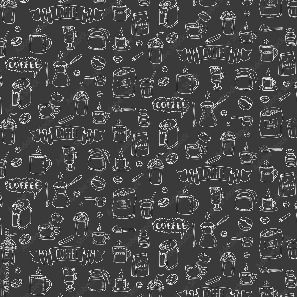 Seamless background hand drawn doodle Coffee time icons set Vector illustration isolated drink symbols collection Cartoon various beverage element: mug, cup, espresso, americano, irish, decaffeinated Seamless background hand drawn doodle Coffee time icons set Vector illustration isolated drink symbols collection Cartoon various beverage element: mug, cup, espresso, americano, irish, decaffeinated
