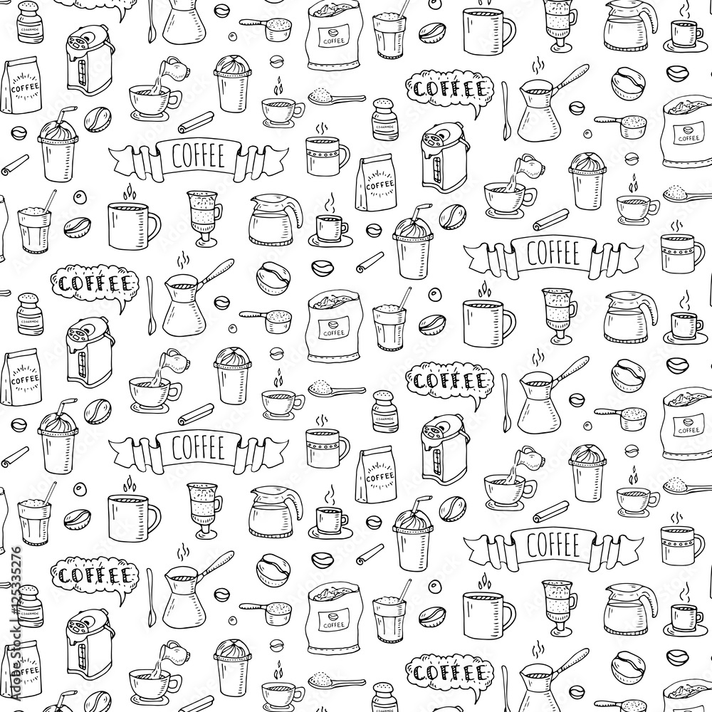 Seamless background hand drawn doodle Coffee time icons set Vector illustration isolated drink symbols collection Cartoon various beverage element: mug, cup, espresso, americano, irish, decaffeinated