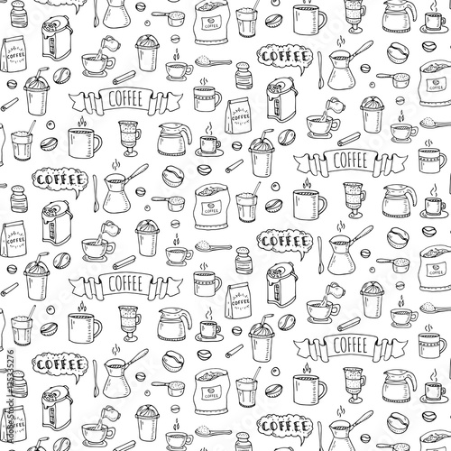Seamless background hand drawn doodle Coffee time icons set Vector illustration isolated drink symbols collection Cartoon various beverage element  mug  cup  espresso  americano  irish  decaffeinated