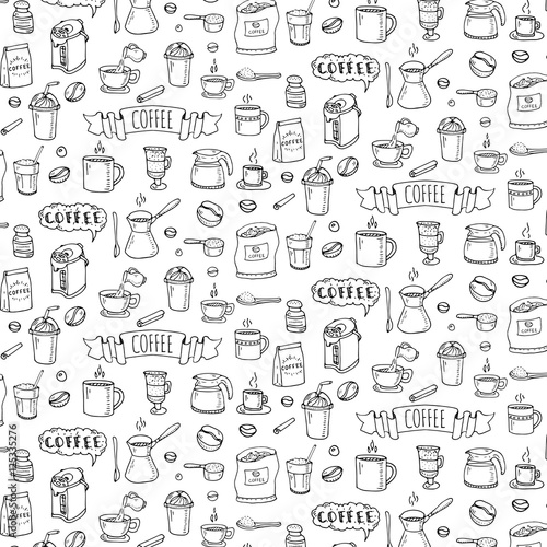 Seamless background hand drawn doodle Coffee time icons set Vector illustration isolated drink symbols collection Cartoon various beverage element: mug, cup, espresso, americano, irish, decaffeinated