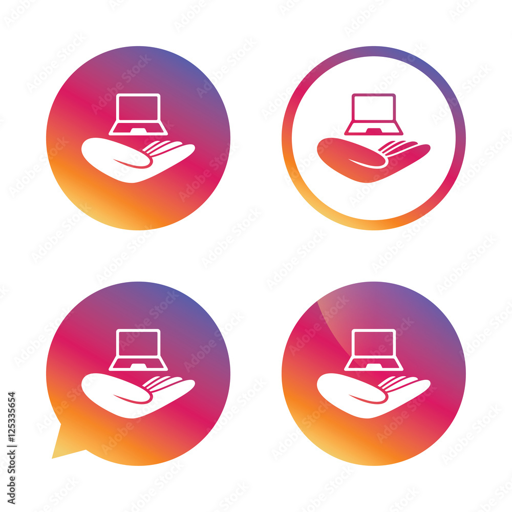 Notebook insurance sign. Hand holds pc laptop. Notebook insurance sign. Hand holds pc laptop.
