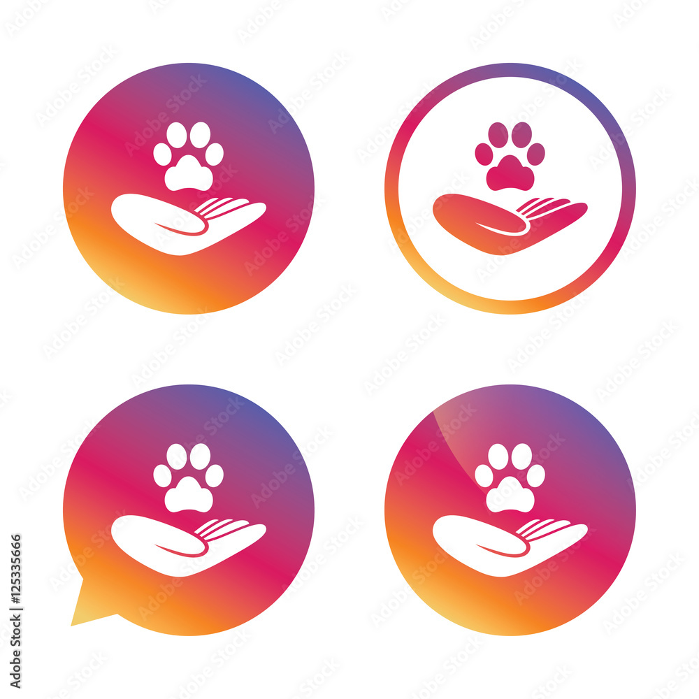 Shelter pets sign icon. Hand holds paw symbol.