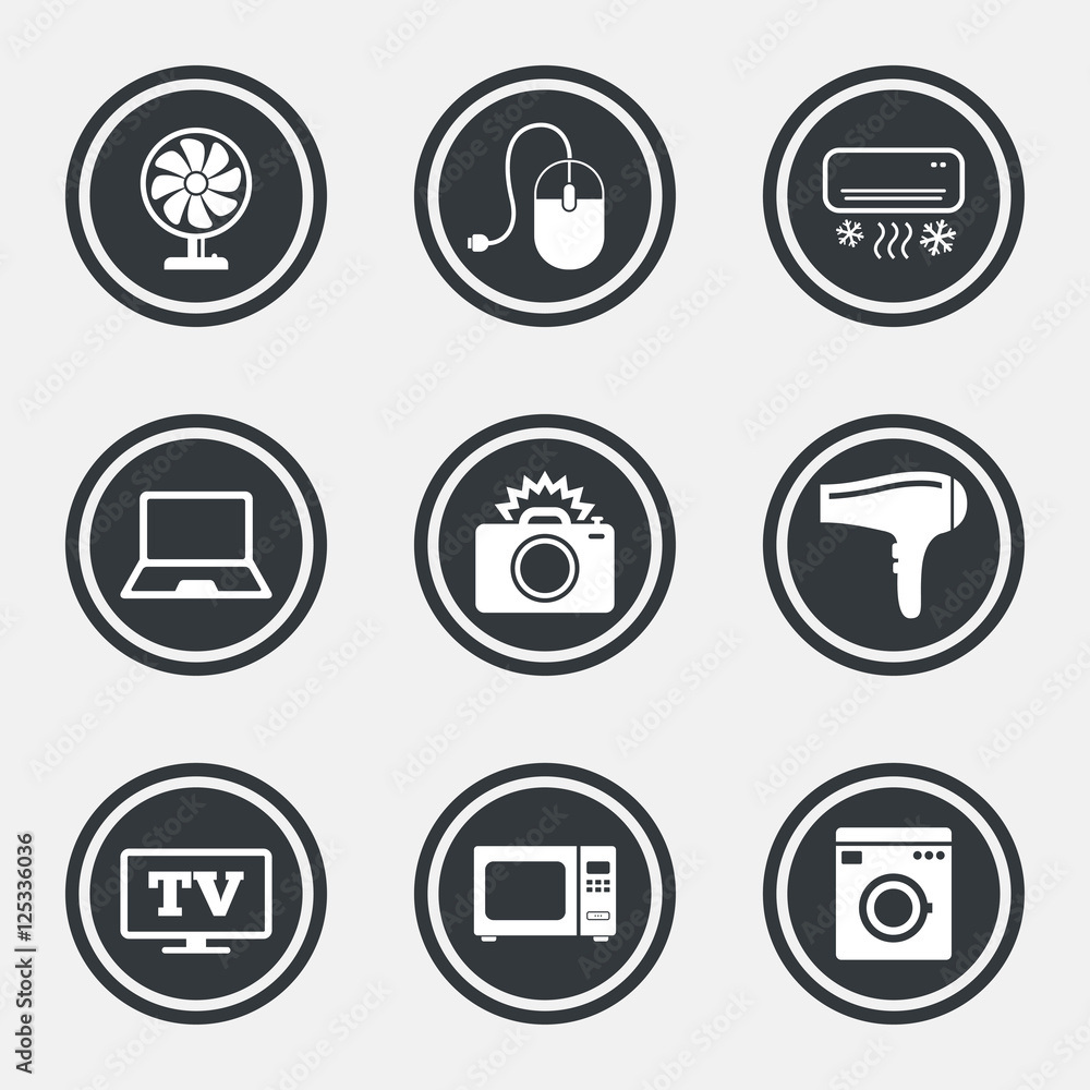 Fototapeta premium Home appliances, device icons. Electronics sign.