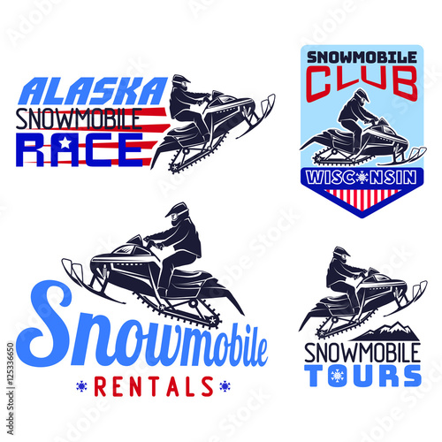 Set of winter snowmobile emblems, badges and icons.