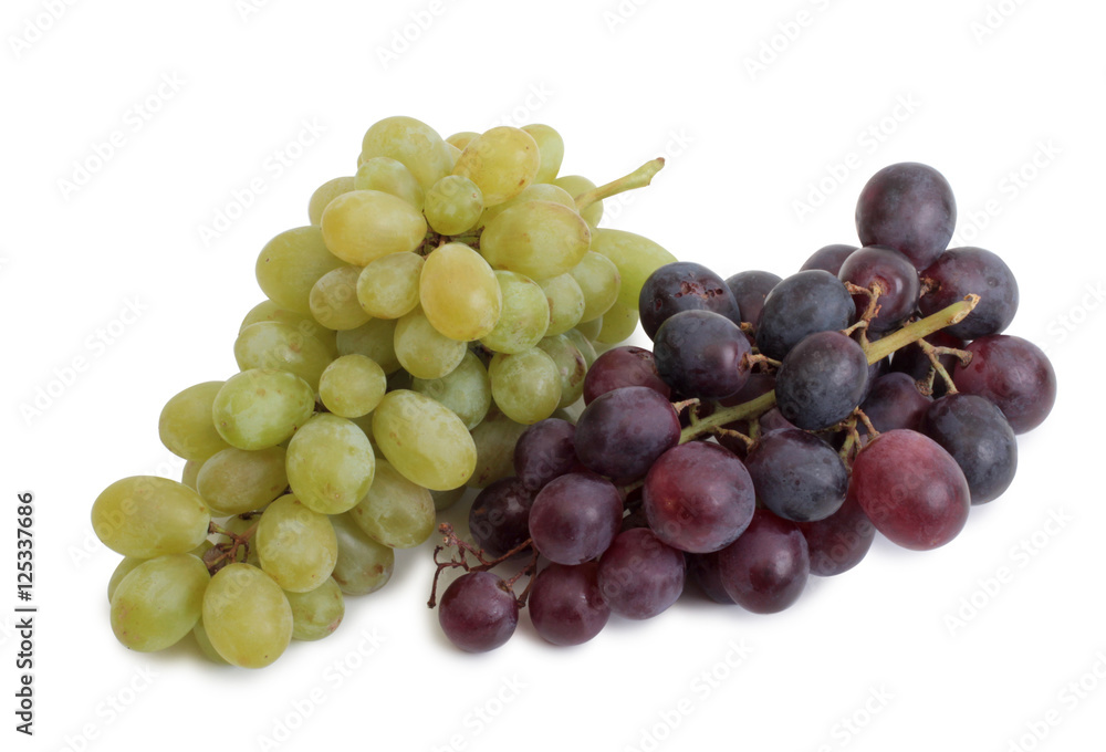 Fototapeta premium Bottle glass of wine and grapes on white background