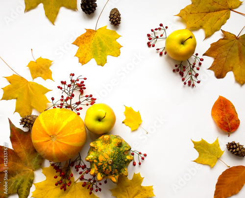 Stylish composition of vegetables, fruits, autumn leaves, berries. Top view on white background. Autumn flat lay