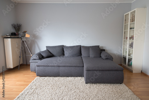 Living room with a large gray sofa bed, a carpet, a lamp and a cabinet