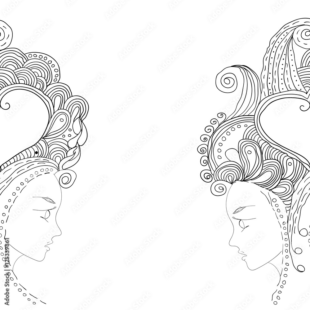 vector twins in doodle style. Can be used as a card, invitation, adult coloring book, coloring page. Zentagle.