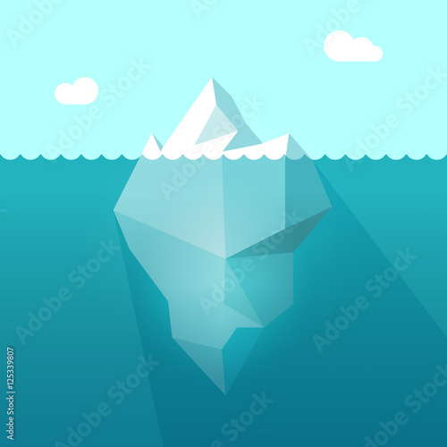 Iceberg in ocean water vector illustration, big iceberg floating in sea waves with huge underwater part and shadow