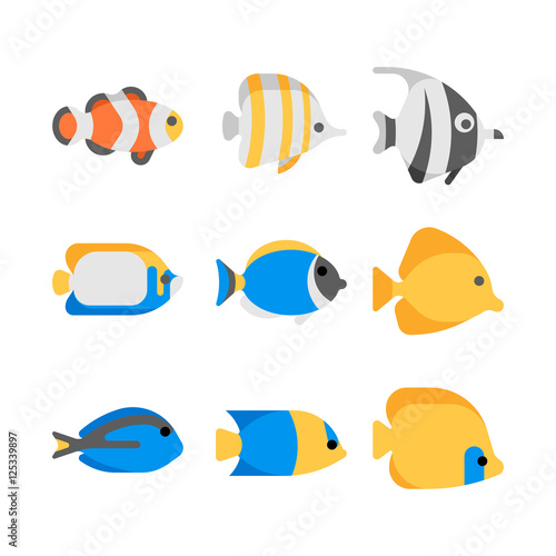Cute tropical sea fish vector illustration icons set