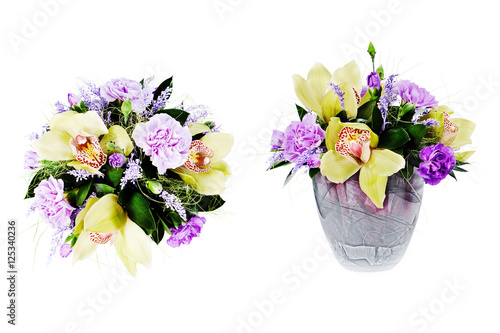 Colorful floral bouquet of roses,cloves and orchids isolated on white background.