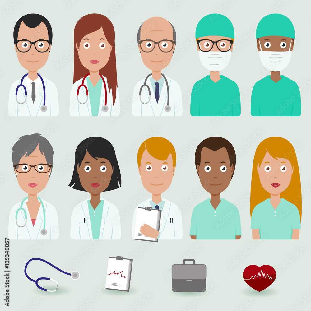 Group of medical staff people. Doctors and nurses. Vector illustration set