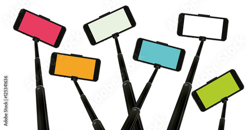 colorful mobile phones on selfie sticks